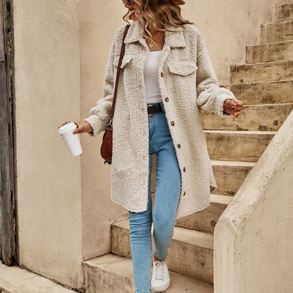 . Jackets & Blazers - Apricot Preppy Womens Drop Shoulder Flap Detail Teddy Coat